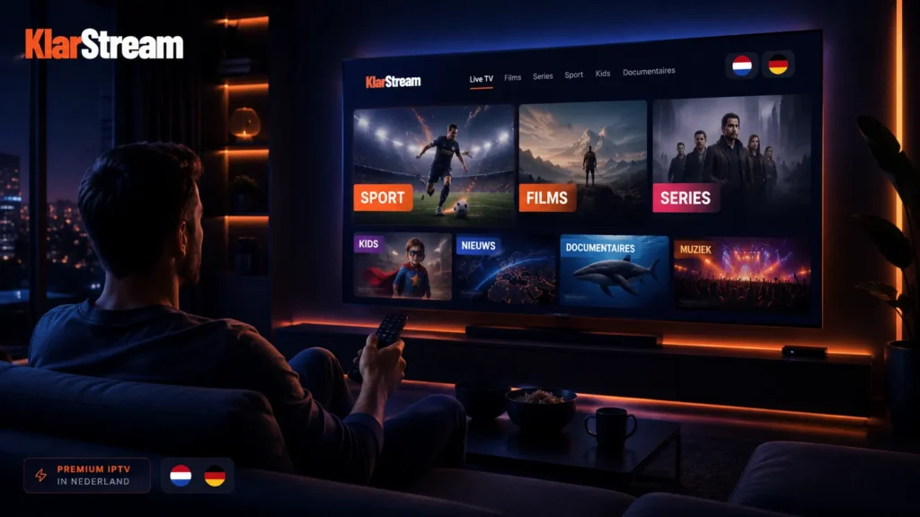 Mann schaut KlarStream, das beste IPTV für Deutschland, auf einem großen Smart TV mit Kategorien Sport, Filme, Serien, Kids, Nachrichten und Dokumentationen