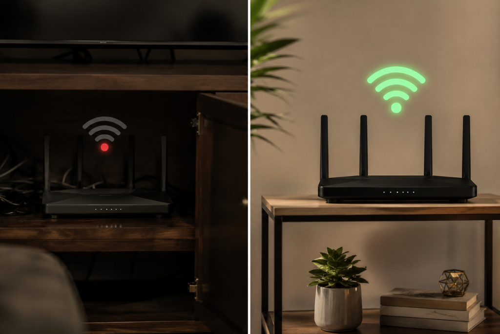 Twee routers naast elkaar ter vergelijking, links een router weggestopt in een gesloten tv meubel met zwak wifi signaal, rechts dezelfde router open op een plank met sterk wifi signaal