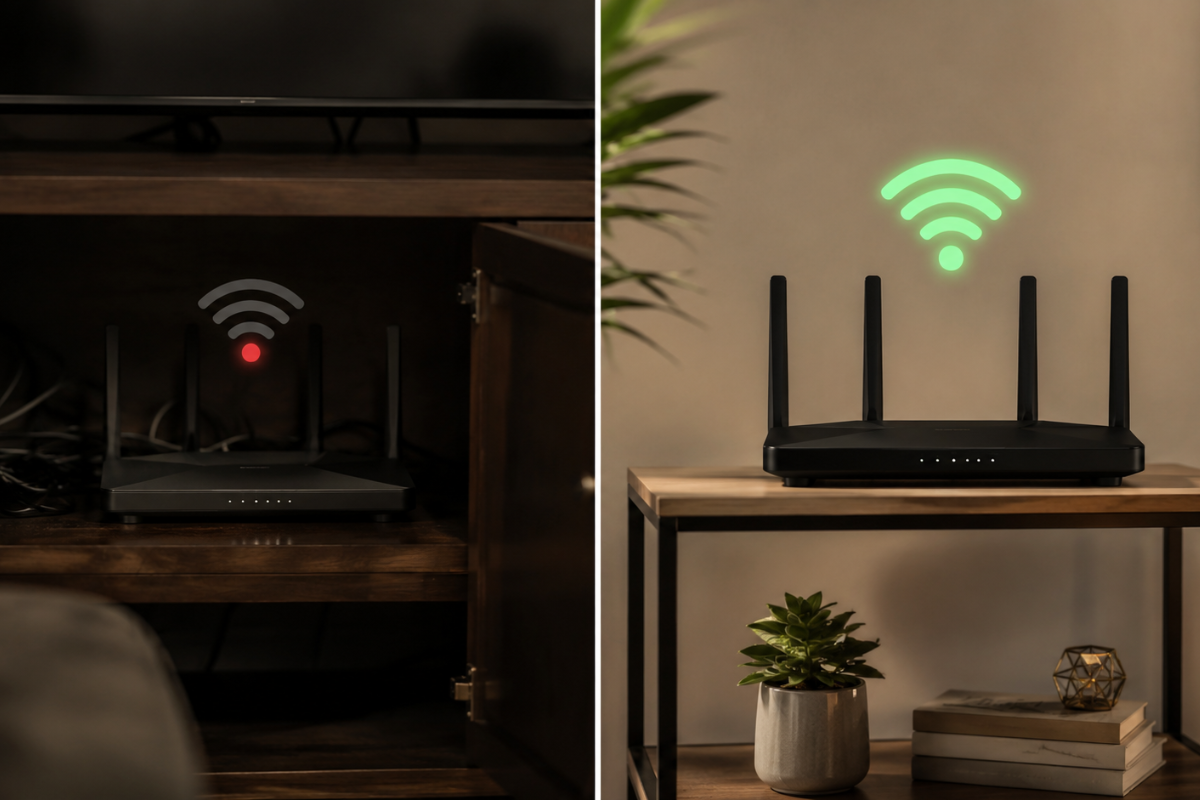 Twee routers naast elkaar ter vergelijking, links een router weggestopt in een gesloten tv meubel met zwak wifi signaal, rechts dezelfde router open op een plank met sterk wifi signaal