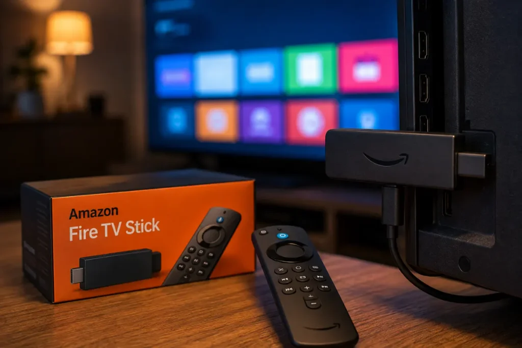 Amazon Fire TV Stick aangesloten op de HDMI poort van een televisie, met de verpakking en de afstandsbediening ernaast op een houten tafel, tv scherm met een app overzicht op de achtergrond