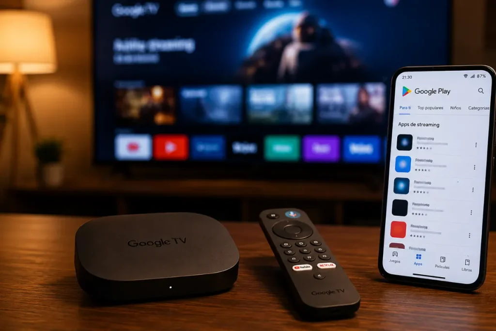 Google TV apparaat en afstandsbediening naast een Android telefoon met Google Play geopend, tv scherm met het Google TV startscherm op de achtergrond