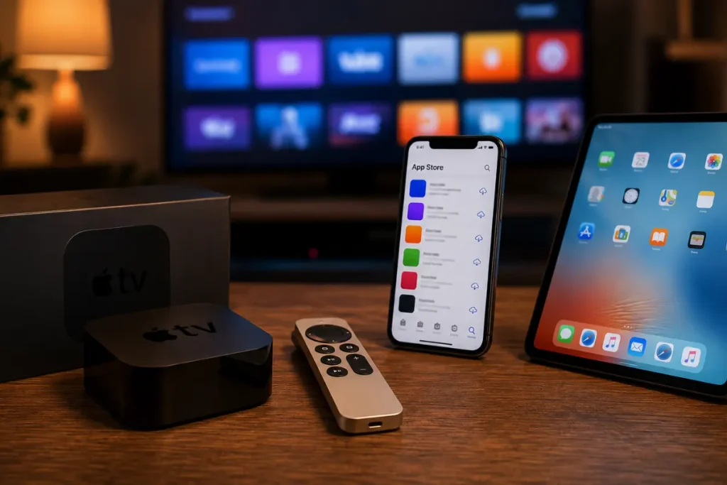 Apple TV doos en toestel naast de Siri Remote, een iPhone met de App Store geopend en een iPad met het beginscherm, tv scherm met een app overzicht op de achtergrond
