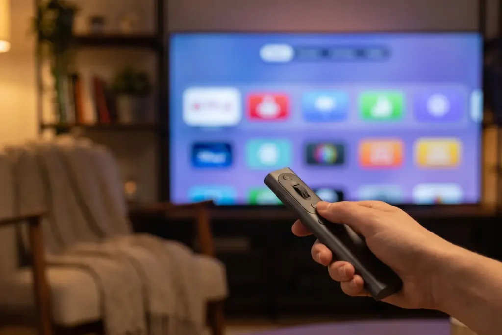 De Magic Remote in de hand, klaar om IBO Player of Smart IPTV te openen op een LG televisie.