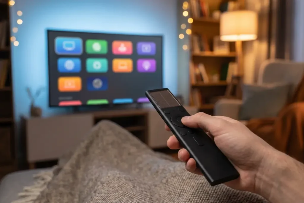 Hand houdt een Samsung Smart TV afstandsbediening vast, op de achtergrond een tv scherm met een app overzicht, bij de stap IPTV installeren op Samsung Smart TV