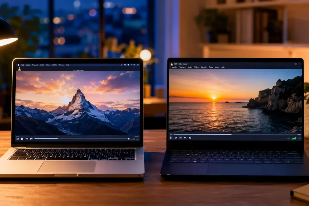 MacBook en Windows laptop naast elkaar, beide met VLC media player open en een landschapsvideo afspelend, bureau met warm lamplicht in de avond