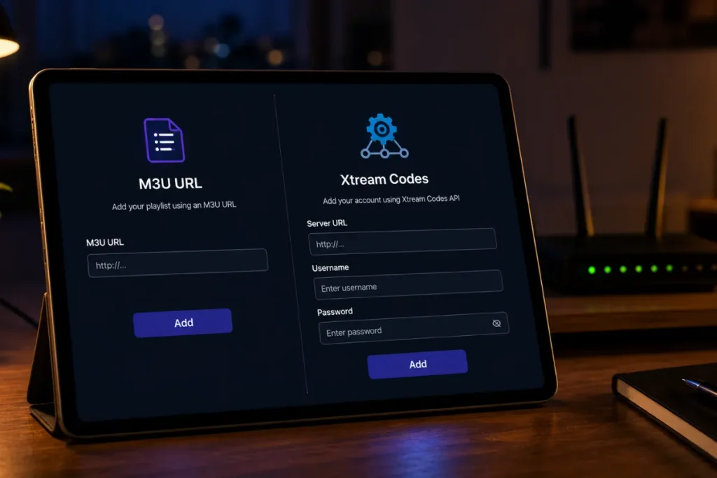 Tablet scherm met twee kolommen naast elkaar, links M3U URL met één invoerveld, rechts Xtream Codes met server, gebruikersnaam en wachtwoord, router met groene lampjes op de achtergrond